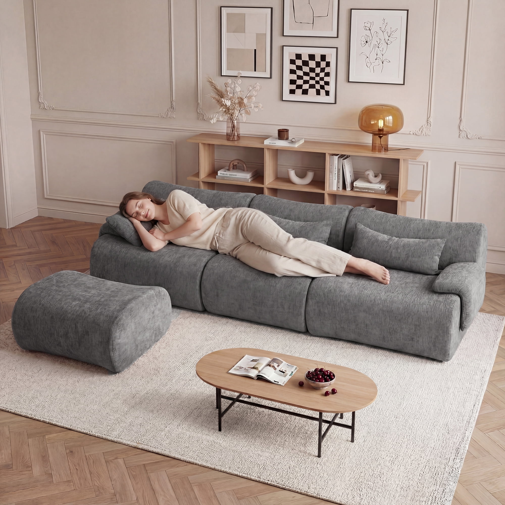 117" No Assembly Modular Boneless Sofa, L-Shaped Deep Seat Cloud Couch with Reversible Ottoman