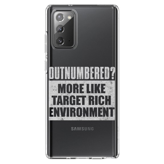 DistinctInk Clear Shockproof Hybrid Case for Samsung Galaxy Note 20 (6.7" Screen) - TPU Bumper Acrylic Back Tempered Glass Screen Protector - Outnumbered? Target Rich Environment