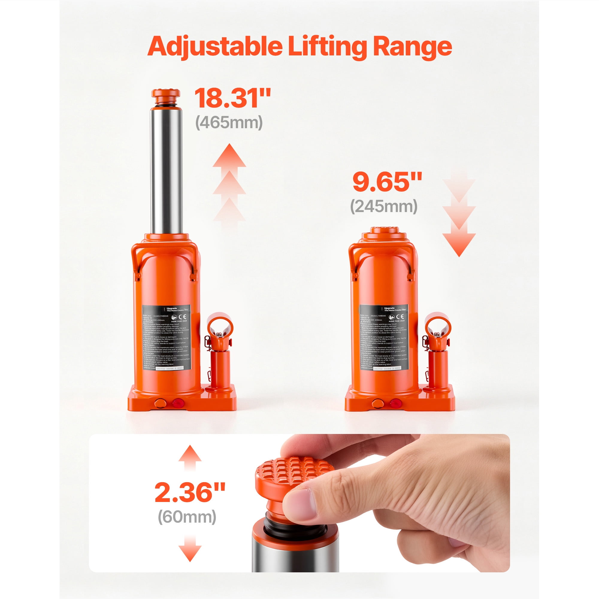 KFFKFF Hydraulic Bottle Jack 20 Ton (44092.5 lbs) Capacity, 9.65"-18.31" Lift Range, Suitable for Construction Vehicles, Heavy Trucks, Buses,Durable Multi-Directional Jack with Extended Handle