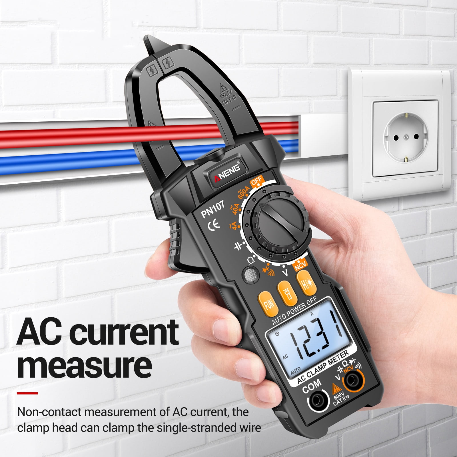 ANENG PN107 Digital Clamp Meter CAT II 600V AC Voltage Multimeter Tester 4000 Counts Amp Voltage Tester Measures AC/DC Current AC Voltage Resistance Capacitor Diodes