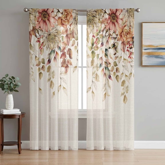 Autumn Eucalyptus Sheer Curtains 84 Inch Length 2 Panels Set, Vintage Floral Leaves Rustic Plants Voile Window Treatment Rod Pocket Curtains Sheers Drapes for Bedroom/Living Room/Kitchen 52"x84"x2