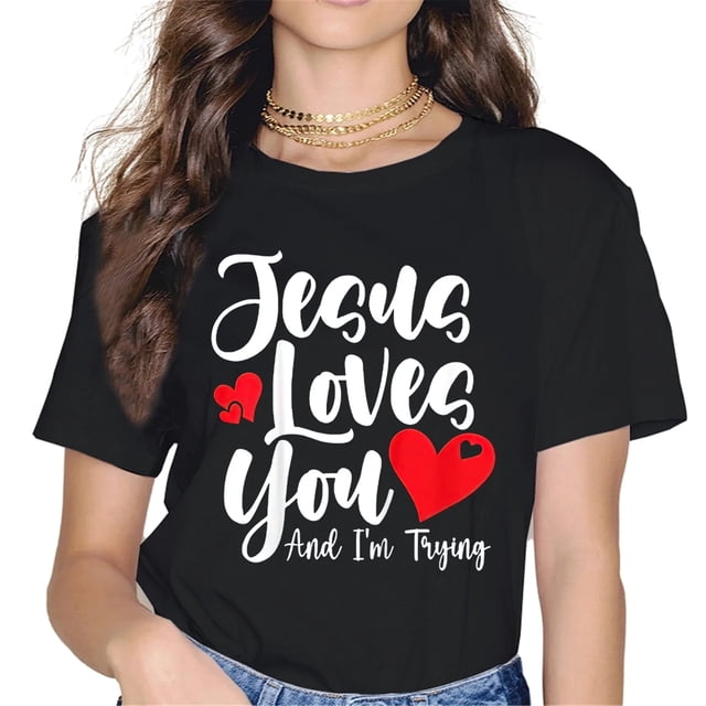 Playera de Mujer "Jesús te Ama y Yo Estoy Tratando" con Frase Cristiana, Negra Talla 3XL