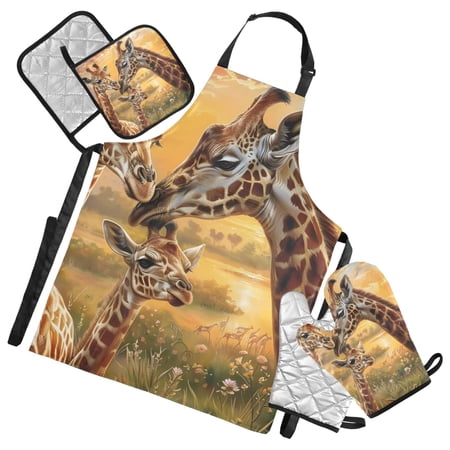 Giraffes Family and Sunset 5 Pcs Kitchen Set Heat Resistant Oven Mitts and Non-Slip Pot Holders with Adjustable Cooking Apron