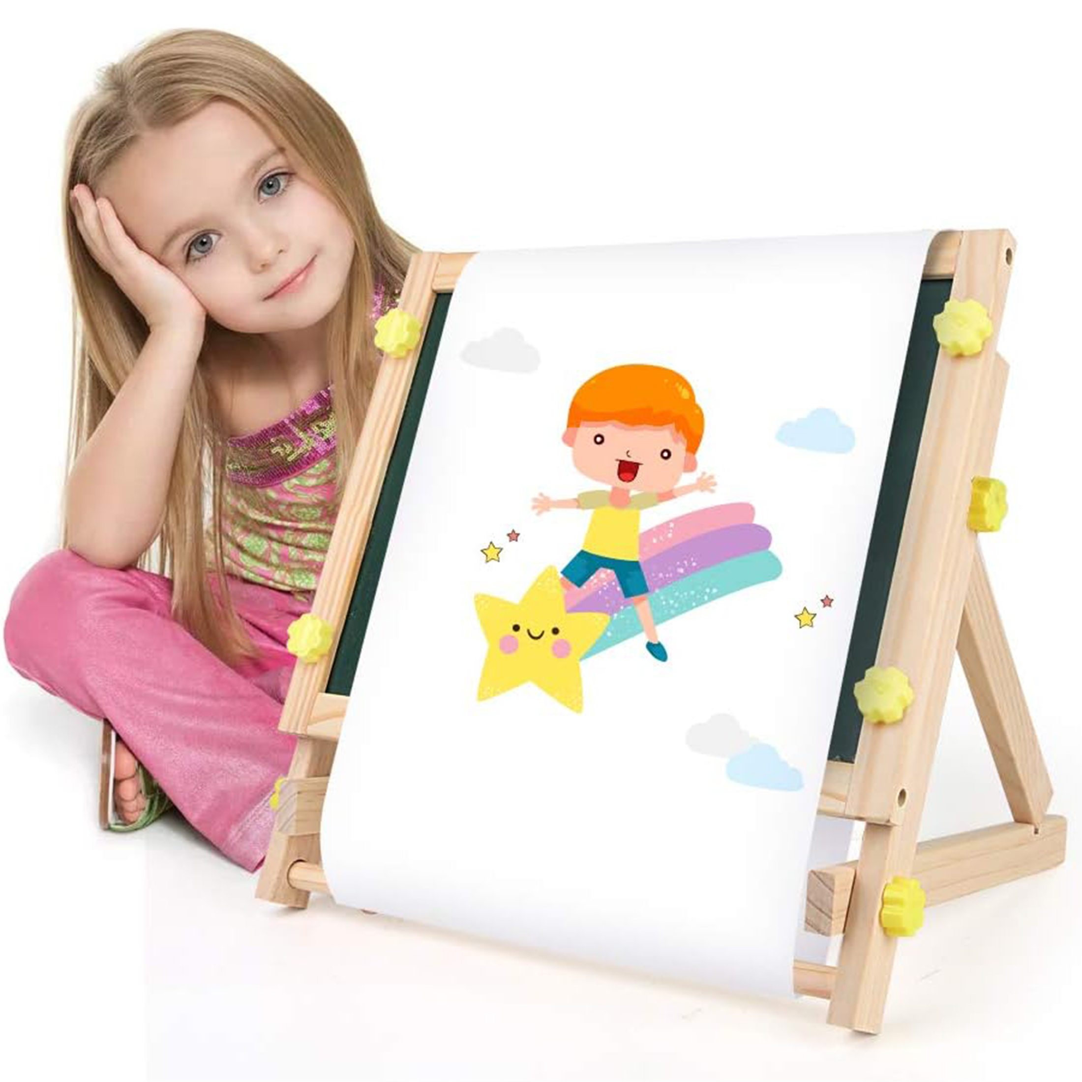Ealing Wooden Tabletop Easel Art Center, with Magnetic Whiteboard, Chalkboard , Tabletop Drawing Board for Kids with Magnetic Letters Numbers and Other Accessories
