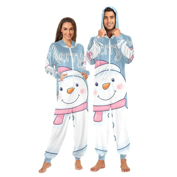 Merry Christmas Snowman Adult Onesie Pajamas Slim Fit Christmas One Piece Suit Pjs for Women and Men Hooded Zipper