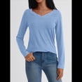 thumbnail image 4 of Camisetas con Cuello en V para Mujer, Blusas de Encaje de Larga, Holgadas, Elegantes e Informales, para Otoño e Invierno, A . Azul L, 4 of 8