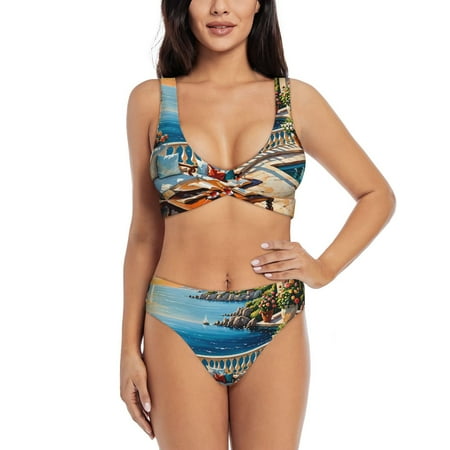 Zeuib Coastal Style Garden Villa High Waisted Tummy Control Bikini Set - Knot Front Push Up Top & Cheeky Thong Bottom  Two-Piece Swimsuit for Women-Large