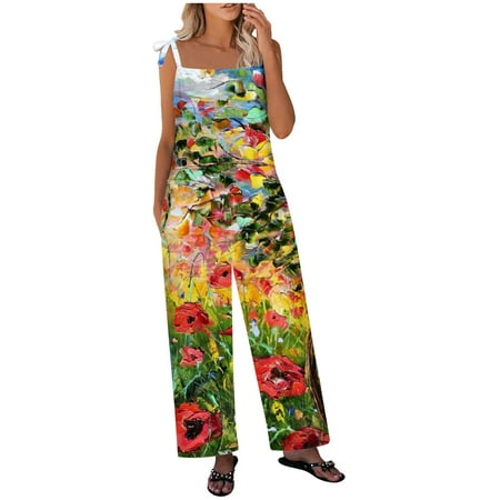 

Dyegold Jumpsuits for Women Casual Jumpsuit Women Baggy Floral Print Classic Adjustable Straps Playsuit Overalls Summer Sleeveless Round Neck Rompers