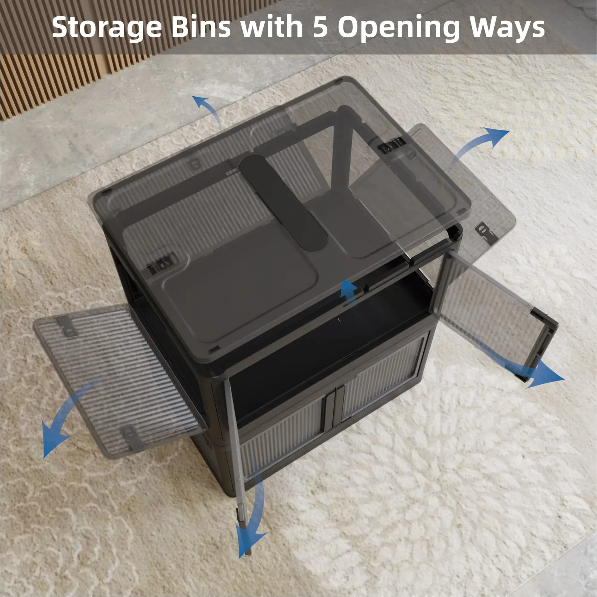 384QT 3-Pack Transparent Stackable Storage Bins with 5 Doors to Open with Wheels, Folding Plastic Craft Containers Large Closet Organizers Box for Bedrooms Living Rooms,Black
