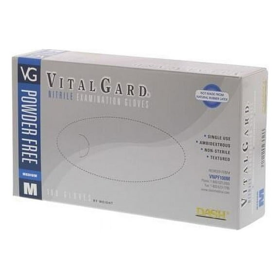 Dash Medical VNPF100M VitalGard Nitrile Gloves Powder Free Medium 100/Bx