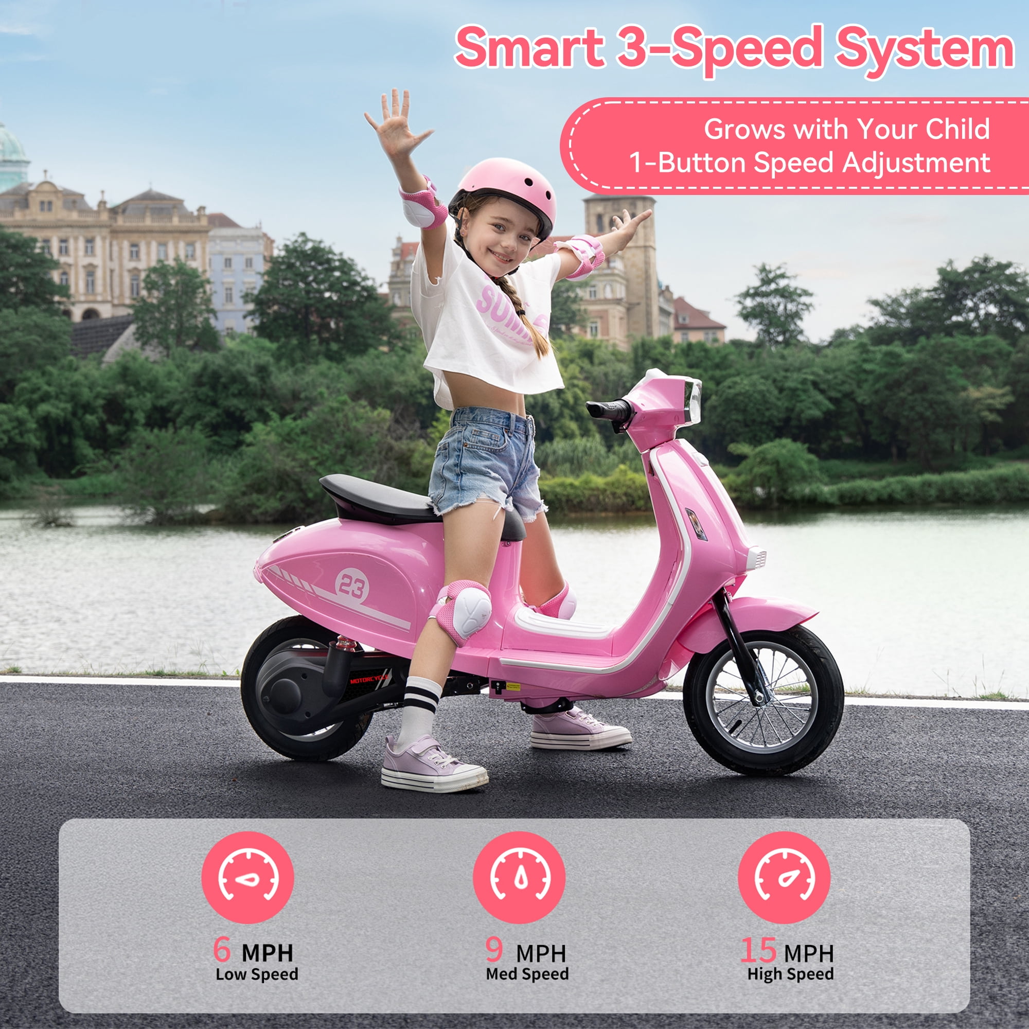 ORFELD 24V  Dirt Bike, Kids Electric Motorcycle, Retro-Style Ride-On Toy for Ages 8-15, 14MPH Max Speed, LED Lights & Music, All-Terrain Tires, Pink