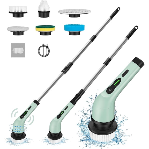 Upgraded Electric Spin Scrubber,Waterproof Cordless Shower Cleaning Brush,Power Shower Scrubber with 6 Replaceable Brush Heads & Adjustable Extension Handle,Electric Mop for Bathroom,Tub,Tile