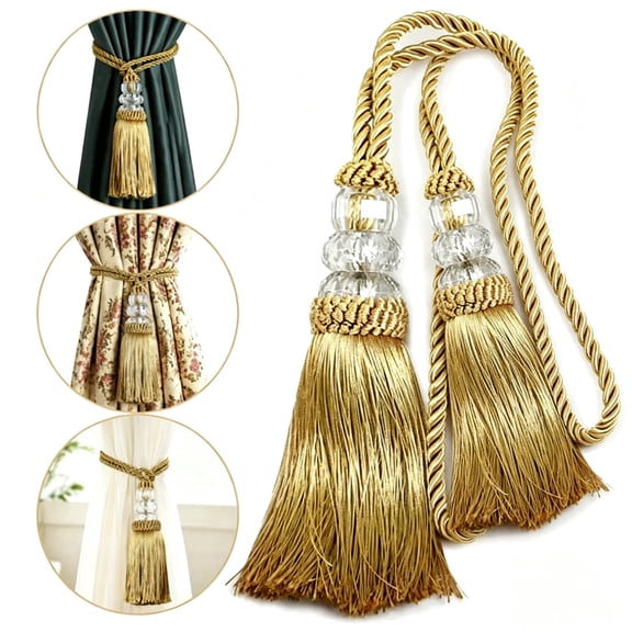 2 Pack Gold Curtain Tiebacks with Tassel, Modern Rope Curtain Ties Backs, Elegant Decorative Curtain Holdback, Universal Window Drapery Tie Backs for Home Indoor Outdoor Decor