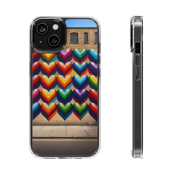 DistinctInk Hybrid (Acrylic / TPU) Clear Slim Fit Case for Apple iPhone 14 (6.1" Screen) - "Rainbow Hearts: Vibrant Graffiti on Brick"