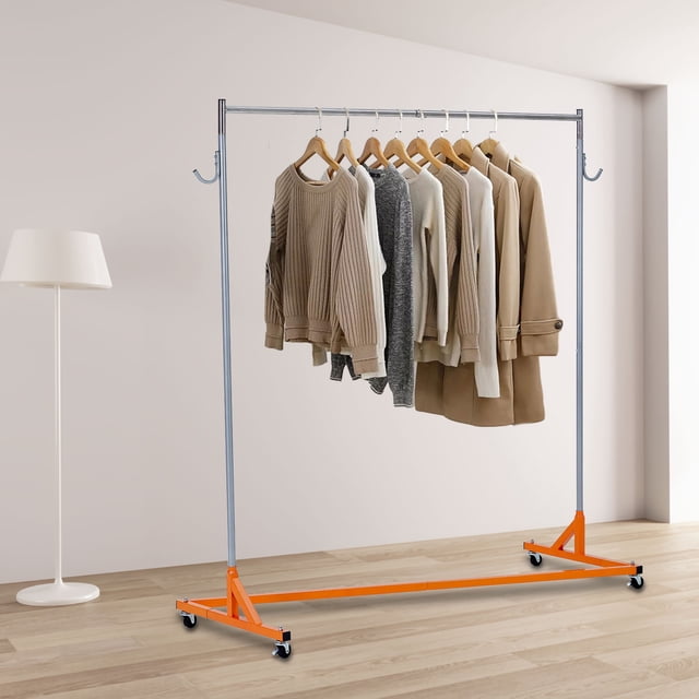 Heavy Duty Z-Base Coat Rack – 600lb Capacity, Extra Long Extendable Bar, Lockable 360° Wheels, Steel Entryway Organizer – Orange,165×61×180CM