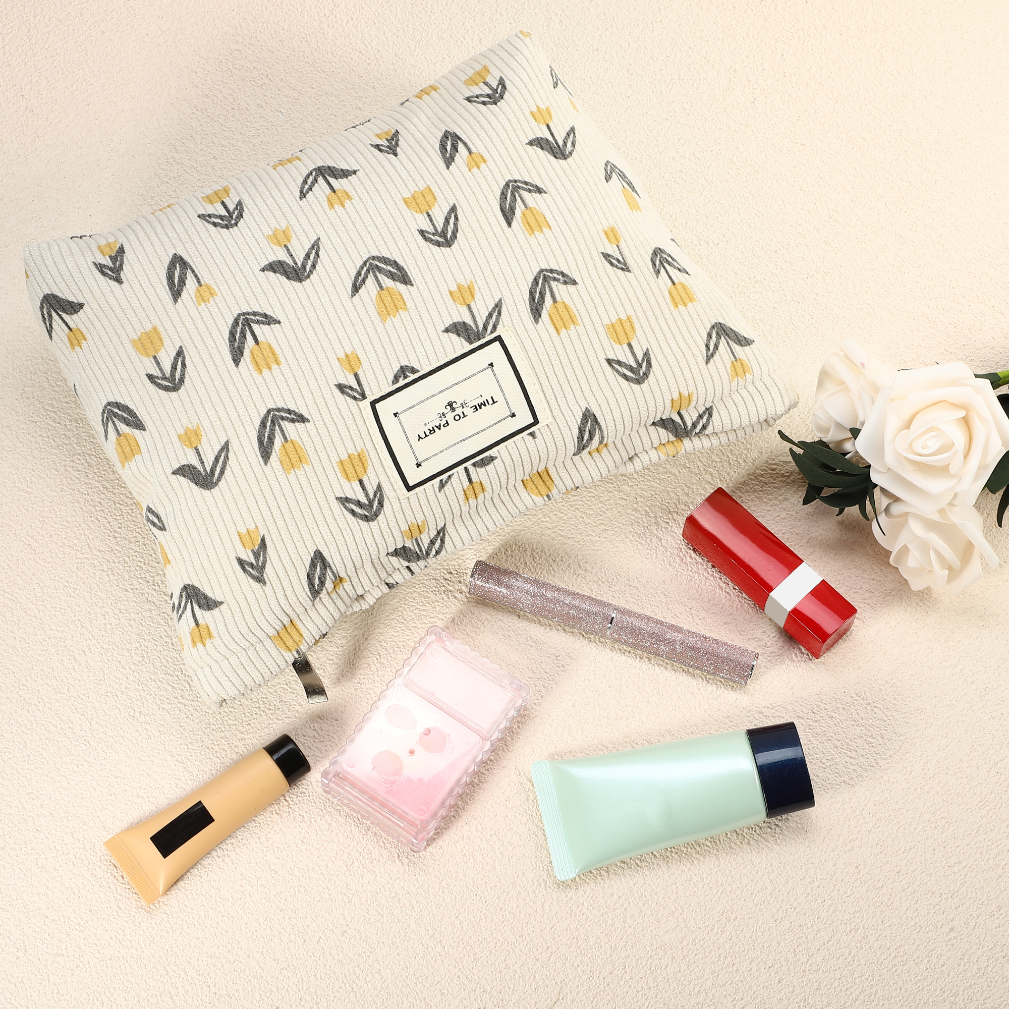 Unique Bargains Floral Makeup BagLarge Capacity Cosmetic Pouch Beige Orange