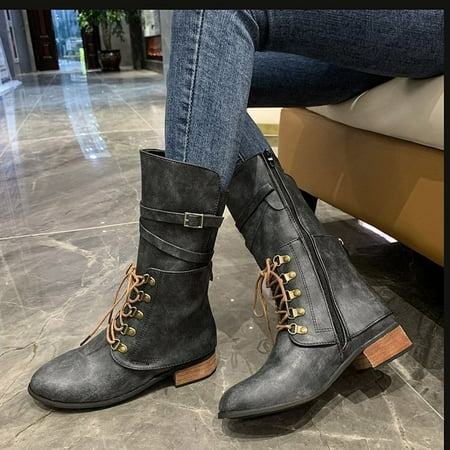 

XIAOFFENN Women s Shoes Laceing Hasp Square Heel Leather Fashion Middle Tube Knight Boots