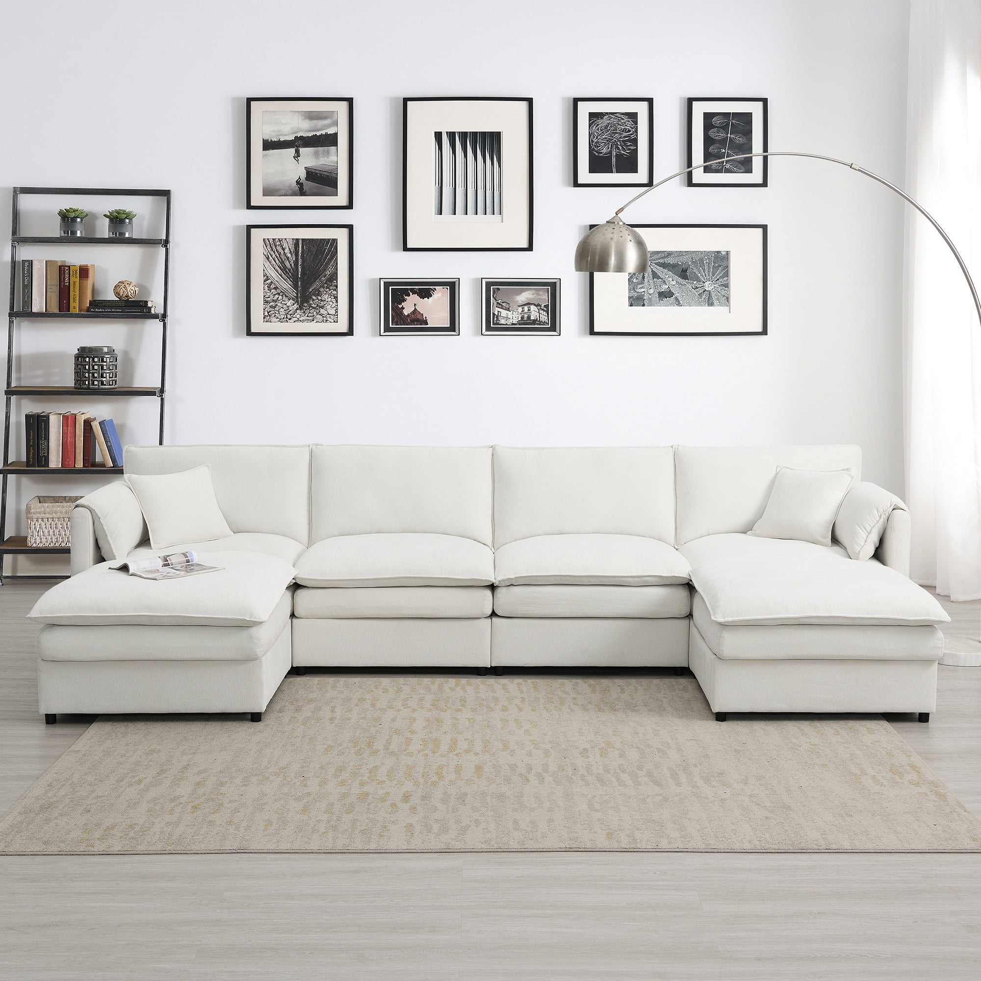 EUROCO 134" Oversized U Shaped Modular Sectional Sofa Couch, 6 Seat Chenille Sleeper Sofa Bed Cloud Couch Set with Double Cushions and Ottomans, Indoor Furniture for Living Room, Cream