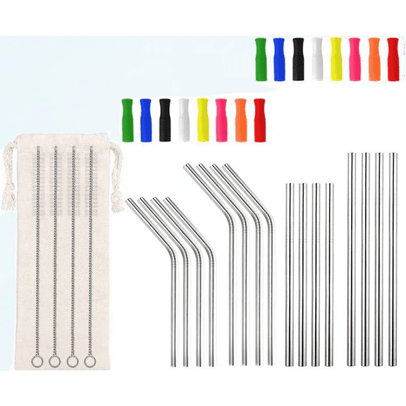 16 Short Metal Straws, 6mm 5.5" 6.5" Kids Reusable Straws Silicone Tips Cleaner, Mini Small Stainless Steel Straws Fit 8 10 12 oz Tumbler/Wine Tumblers, Reusable Cocktail Straws(Silver)