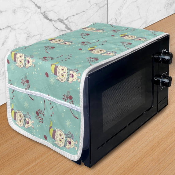 Owl Print Microwave Oven Cover, New Year Winter Themed Pattern with Bird Snowflakes and Branches, Water Resistant Organizer with Pockets for Kitchen, 36" x 12", Seafoam Multicolor, by Ambesonne