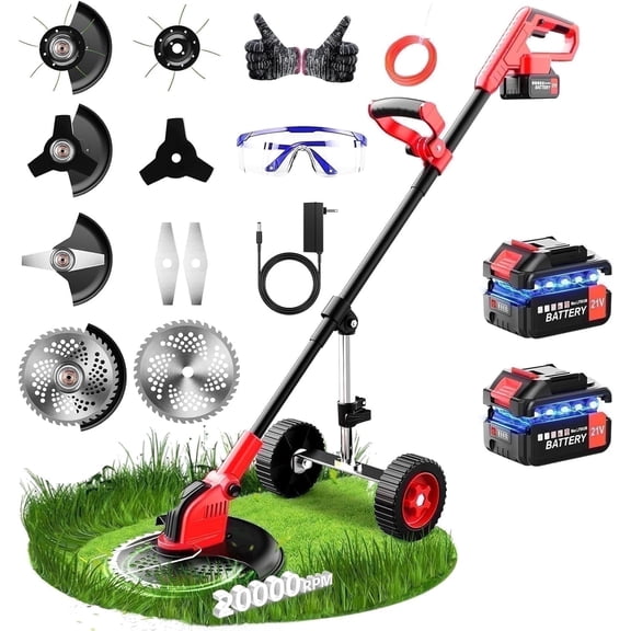 20000 RPM Electric Weed Wacker with Wheel,12″ Brushless Cordless Weed Eater Battery Powered, 4-in-1 Brush Cutter/String Trimmer/Grass Trimmer/Lawn Mower, 5 Blade,2 Battery