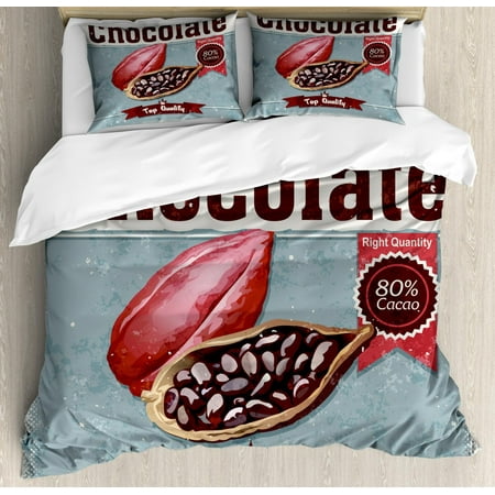 Cocoa Duvet Cover Set Queen Size, Best Choice Chocolate Calligraphy Tasty Yummy Sweet Snack Theme Grunge Background, Decorative 3 Piece Bedding Set with 2 Pillow Shams, Multicolor, by