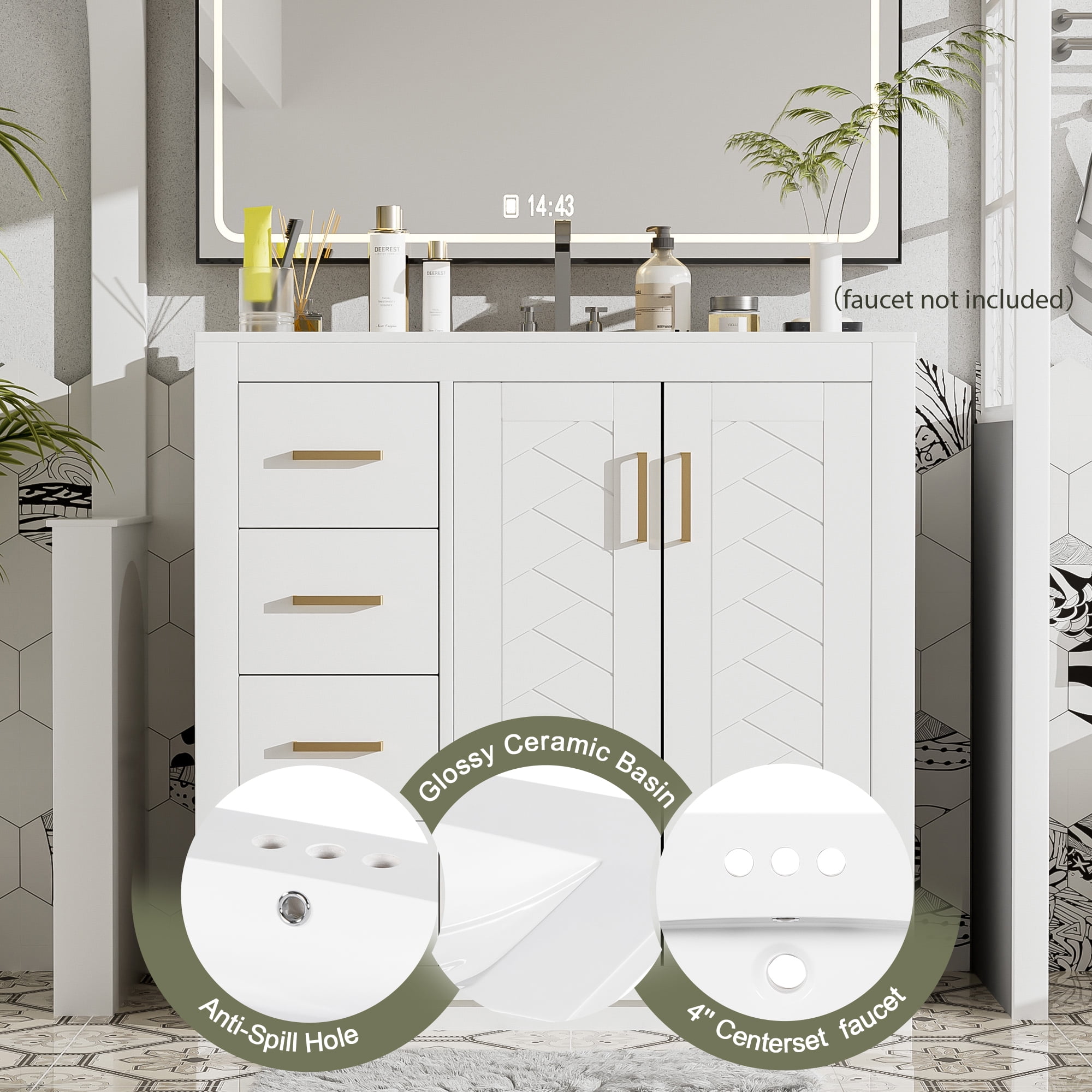 Euroco Bathroom Vanity with Ceramic Undermount Sink, Solid Wood Frame, 3 Drawers & Cabinet Storage, Soft-Close Doors