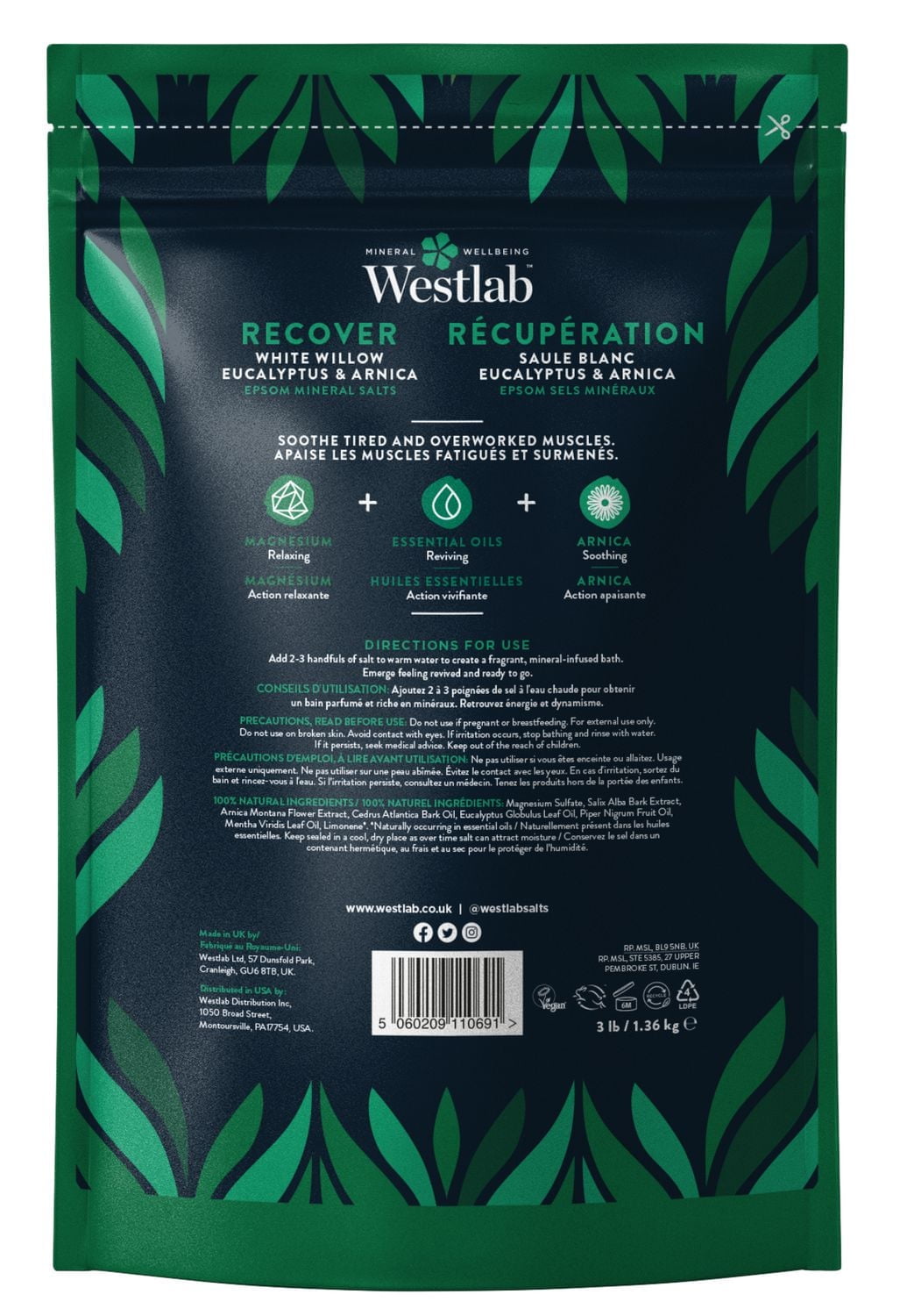 Westlab Récupération - Sels de Bain d'Epsom Purs à l'Eucalyptus, Saule Blanc | Avec ajout d'arnica | Apaise les muscles fatigués et surmenés| |100% naturel, 100% végan, 100% exempt d'acte de cruauté e 1,36 kg (3 livres)