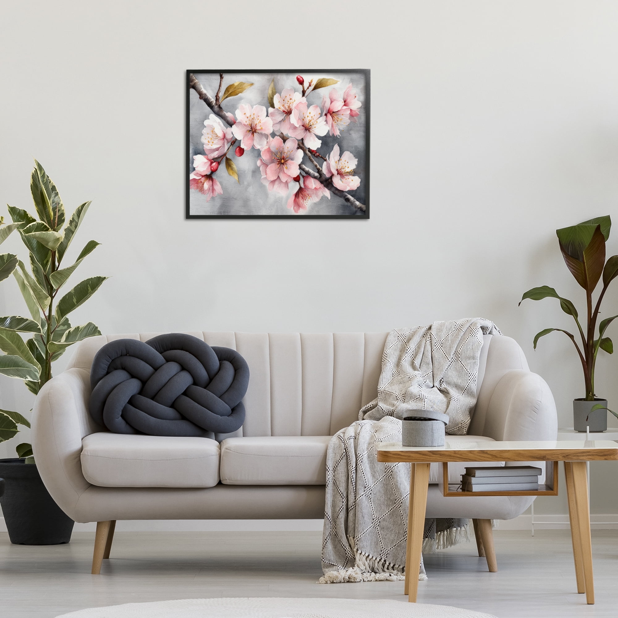 Stupell Industries Blossoms On Grey Botanical & Floral Painting Black Framed Art Print Wall Art, 30 x 24