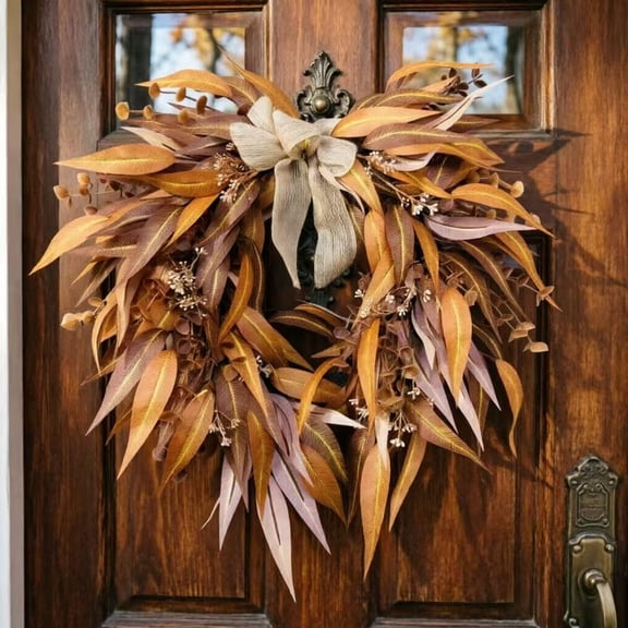 20 inch Fall Wreath Artificial Autumn Leaf Wreath with Bow Thanksgiving Indoor Decor Rustic Farmhouse Fall Wreath Golden Eucalyptus Willow Leaf Wreath with Berries for Wall Window Home Decor