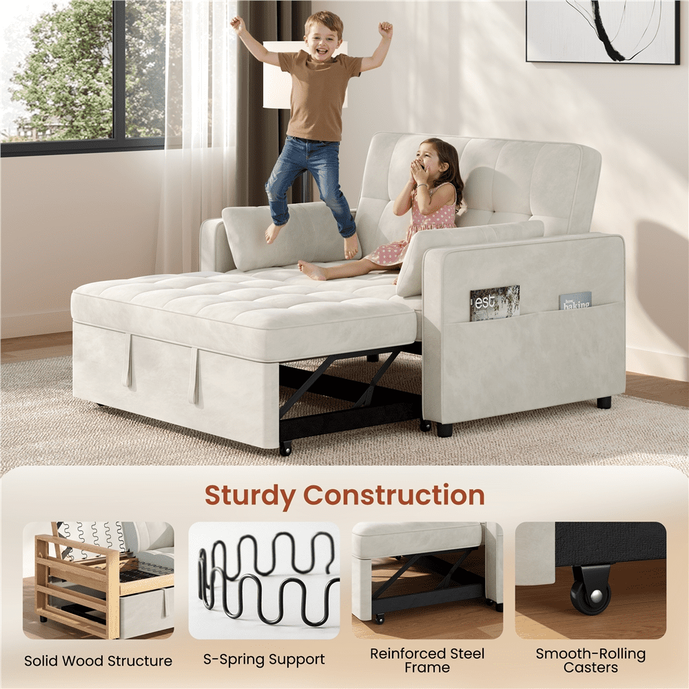Renwick Convertible Sleeper Sofa Bed 3-in-1  Pull Out Couch Velvet Loveseat Couch with Adjustable Backrest, USB Ports, Side Pockets and Pillows for Living Room Bedroom, Beige