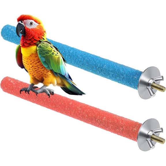 2 Pcs Bird Cage Perch Stand Sanded Wooden Paw Grinding Stick Toy for Parakeets Finches Blue Orange