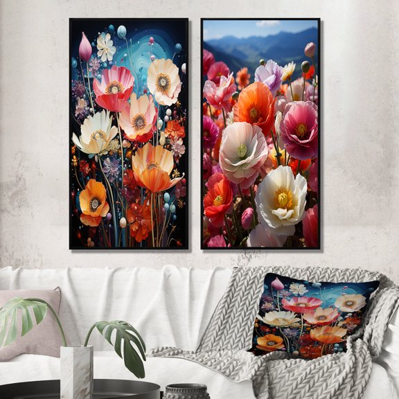 Designart "Blossoms of Enchantment Wildflowers" Wildflowers Framed Wall Art Set Of 2 - Multi-Color Floral Framed Canvas Set For Living Room Decor
