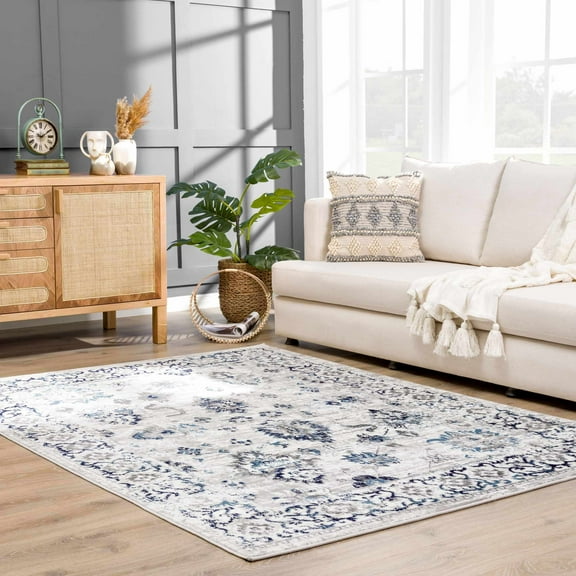 Hauteloom Monaco Collection Living Room, Bedroom Oriental Area Rug - Traditional Look Carpet - Vintage Distressed - Gray, Blue, Navy, Beige - 6'7" x 9'