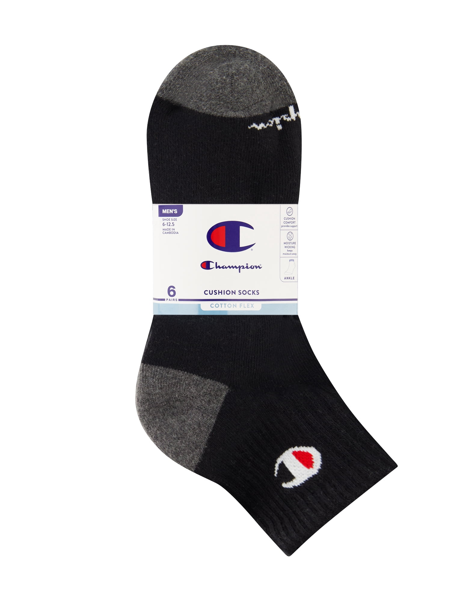 Champion Men’s Ankle Socks 6 Pack – Half Terry Cushion, Moisture-Wicking, Arch Support, Stretch Comfort, Sizes 6–12.5