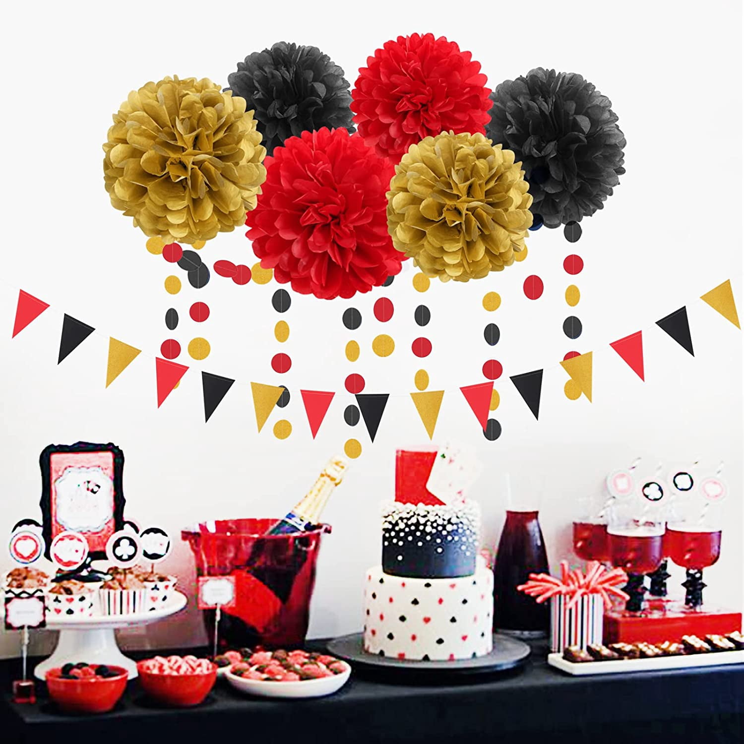 Red-Black Gold Casino-Theme Graduation Party-Decorations - 23pcs Kits Game Night Streamer Tissue Paper Pom Poms,Tassel Garland Banner,Birthday Wedding Baby Bridal Shower Decor