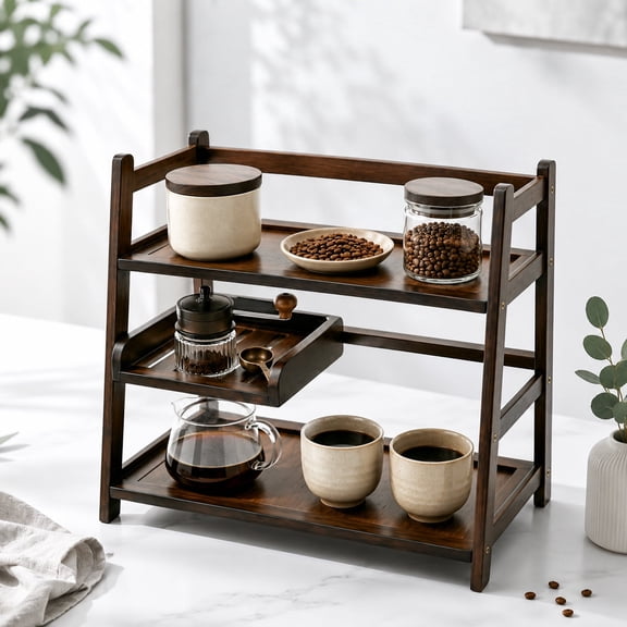 3-Tier Bamboo Matcha Station Organizer, Matcha Stand & Coffee Station, Tea Organizers and Storage, Brown