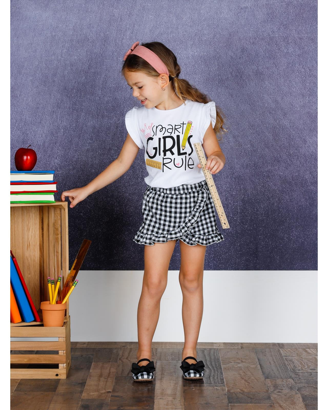 Mia Belle Girls Girls Ruffled Printed Top and Ruffled Gingham Shorts