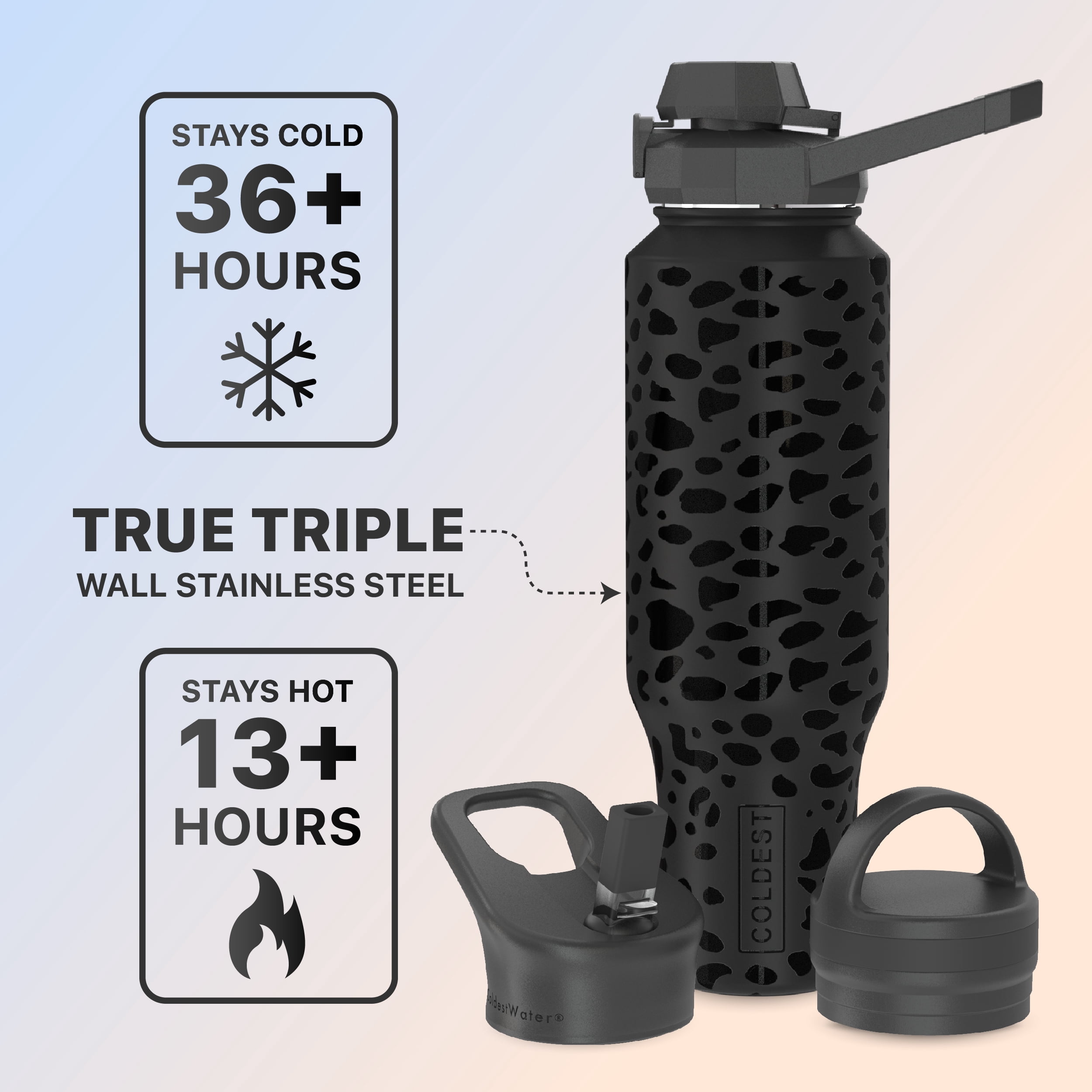 Coldest Sports Water Bottle - 3 Insulated Lids (Chug Lid, Straw Lid, Loop Lid ) Double Walled, Thermo Mug, Metal Canteen (46 oz, Black Leopard)