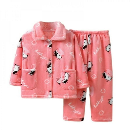 

Promotion!Kids Girls Autumn Winter Cartoon Print Flannel Pajama Sets Cute Rabit Long Sleeve Lapel Tops with Pants warm Sleeping Clothing
