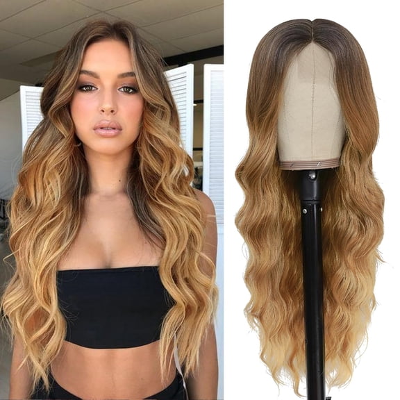 Long Honey Blonde Wavy Wig for Women 26 Inch Middle Part Curly Wavy Wig Natural Looking Synthetic Heat Resistant Fiber for Daily Party Use