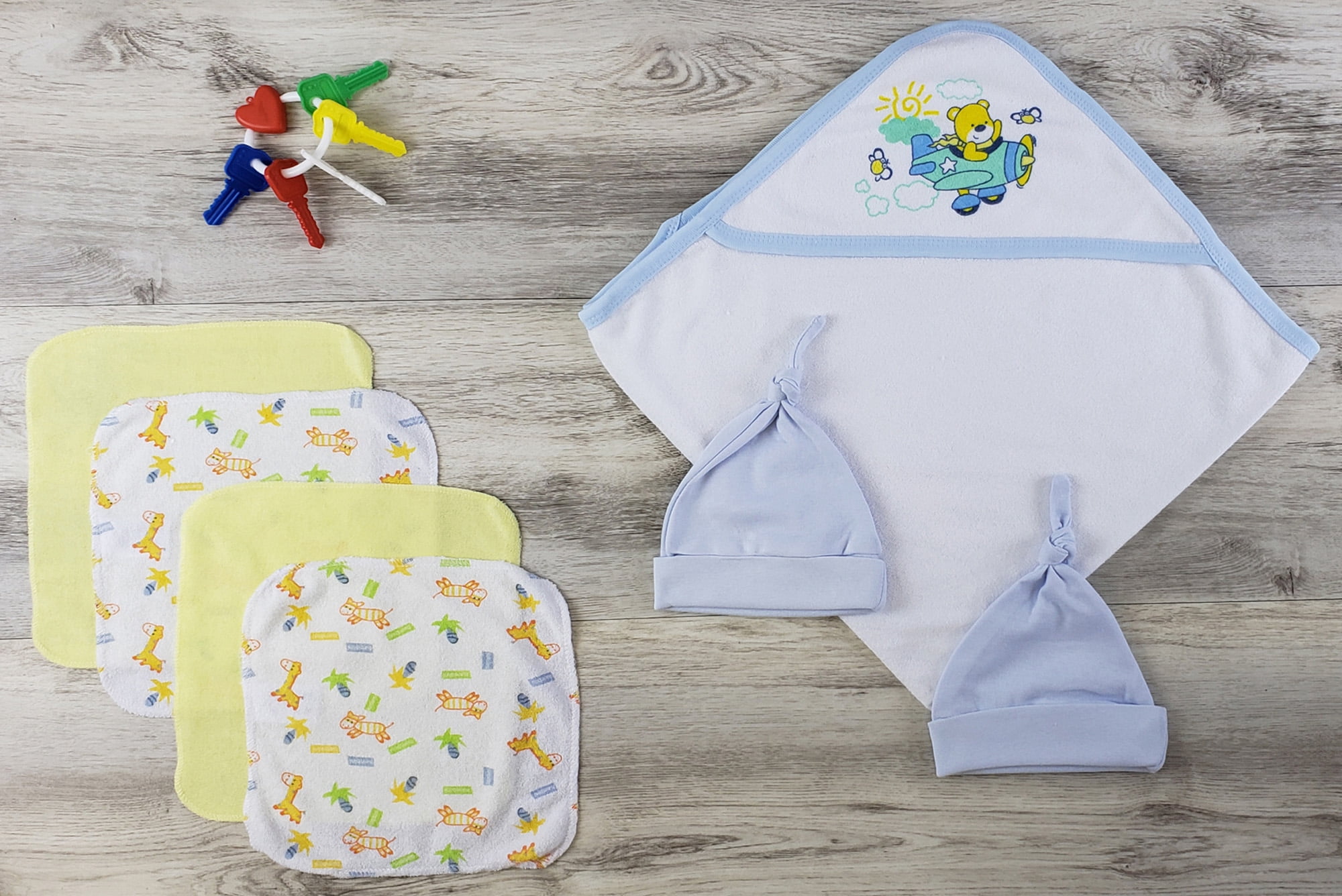 Set of 7 Baby Blue, Yellow, and White Infant Clothing Essentials Hooded Towel, Hats, and Wash Cloths, 8'
