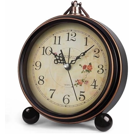 Vintage Analog Alarm Clock, 5.25 inch Small Silent Desk Clock with Night Light, Battery Operated for Table, Bedroom, Bedside, Living Room, Gift Clock (Flower)