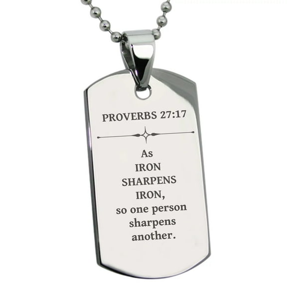 Tioneer Stainless Steel Iron Sharpens Iron CZ Proverbs 27:17 Dog Tag Pendant Necklace