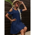 thumbnail image 3 of CALIPESSA Womens Summer Solid Cold Shoulder Short Sleeve Round Neck Casual Flared Tunic A Line Dress, 3 of 5