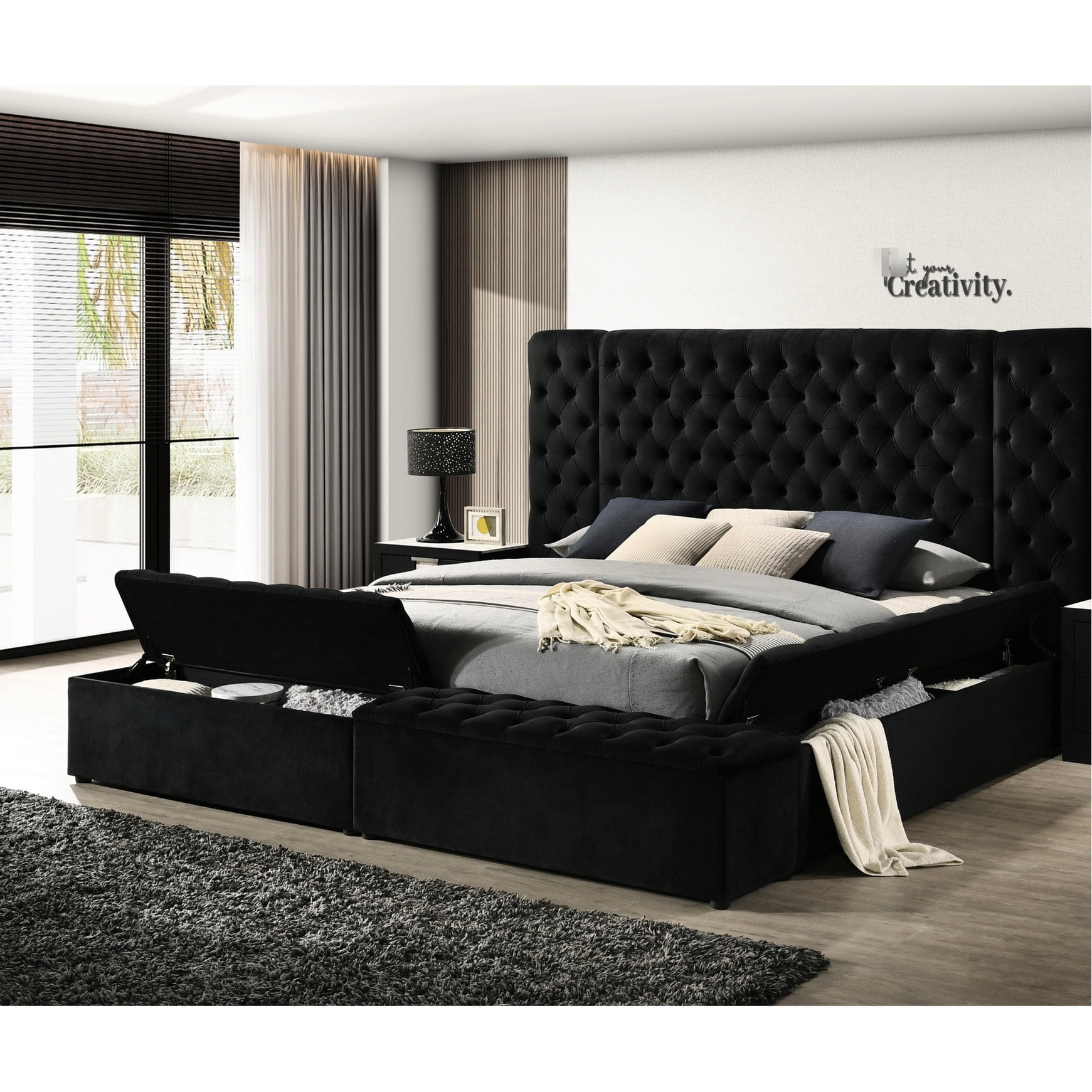 Modern Glam Black King Bed Frame with Tufted Headboard and Storage for a Sophisticated Bedroom