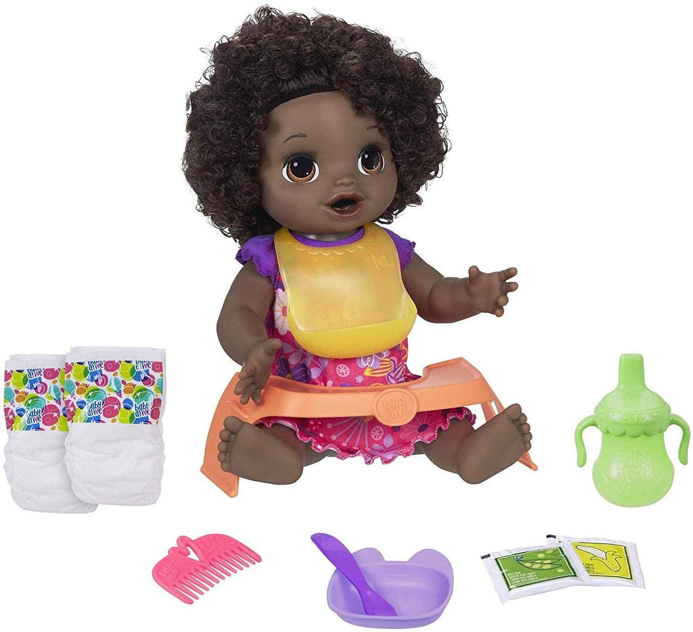 Baby Alive Happy Hungry Baby Black Curly Hair Doll, Makes 50+ Sounds & Phrases, Eats & Poops, Drinks & Wets, for Kids Age 3 & Up, Baby loves to.., By Visit the Baby Alive Store