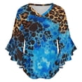 thumbnail image 5 of Blue Leopard Watercolor Print Fabric Women's V-Neck Blouse With 3/4 Ruffled Bell Sleeves Casual Top Ladies Blouses, 5 of 7