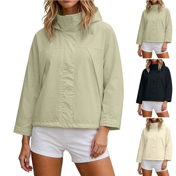 MexChoioe Womens Windbreaker Jacket Hooded Stand Collar Zip Up 3/4 Sleeve Cropped Fall Outer Coat with Pockets