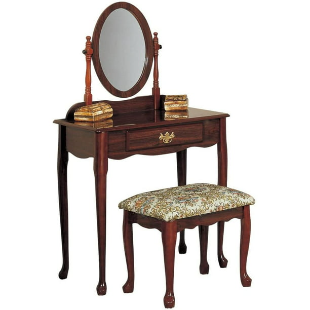 Poundex Queen Ann Vanity Set With Stool, Cherry Vanity Set With Stool